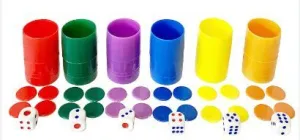 SET 6 CUBILETES PARCHIS CON FICHAS Y DADOS