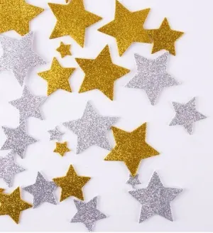 BLISTER GOMA EVA ADHESIVA ESTRELLAS PURPURINA ORO PLATA 50U
